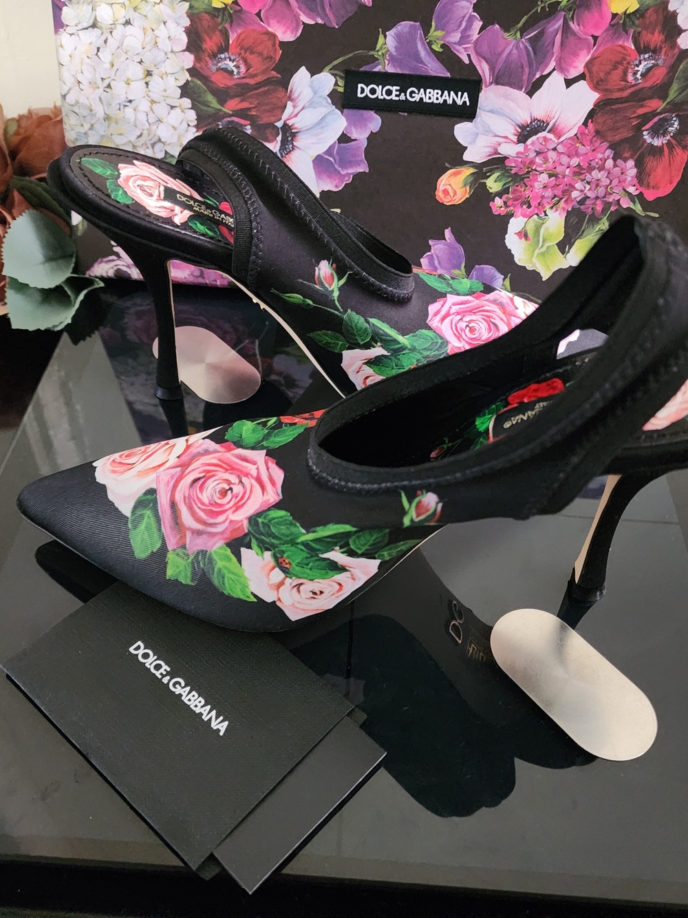 ‼️ON SALE‼️ New Dolce & Gabbana Black Slingback Pumps with Pink & Red Rose Print - Picture 13 of 13